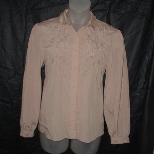 Vintage Light Brown Sz 14 Church Office Blouse Silky Embroidered Dressy Shirt